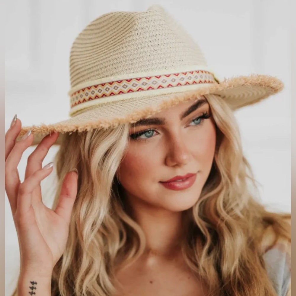 NEW Straw Fedora with Aztec Tribal Print Band